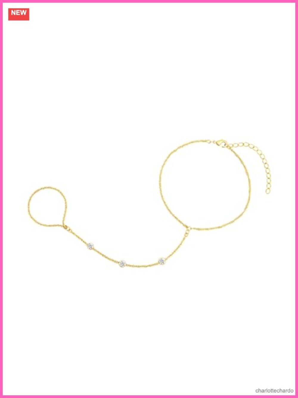Gold Chain Bracelet with Ring, Zirconia Open Band, Adjustable, Stackable